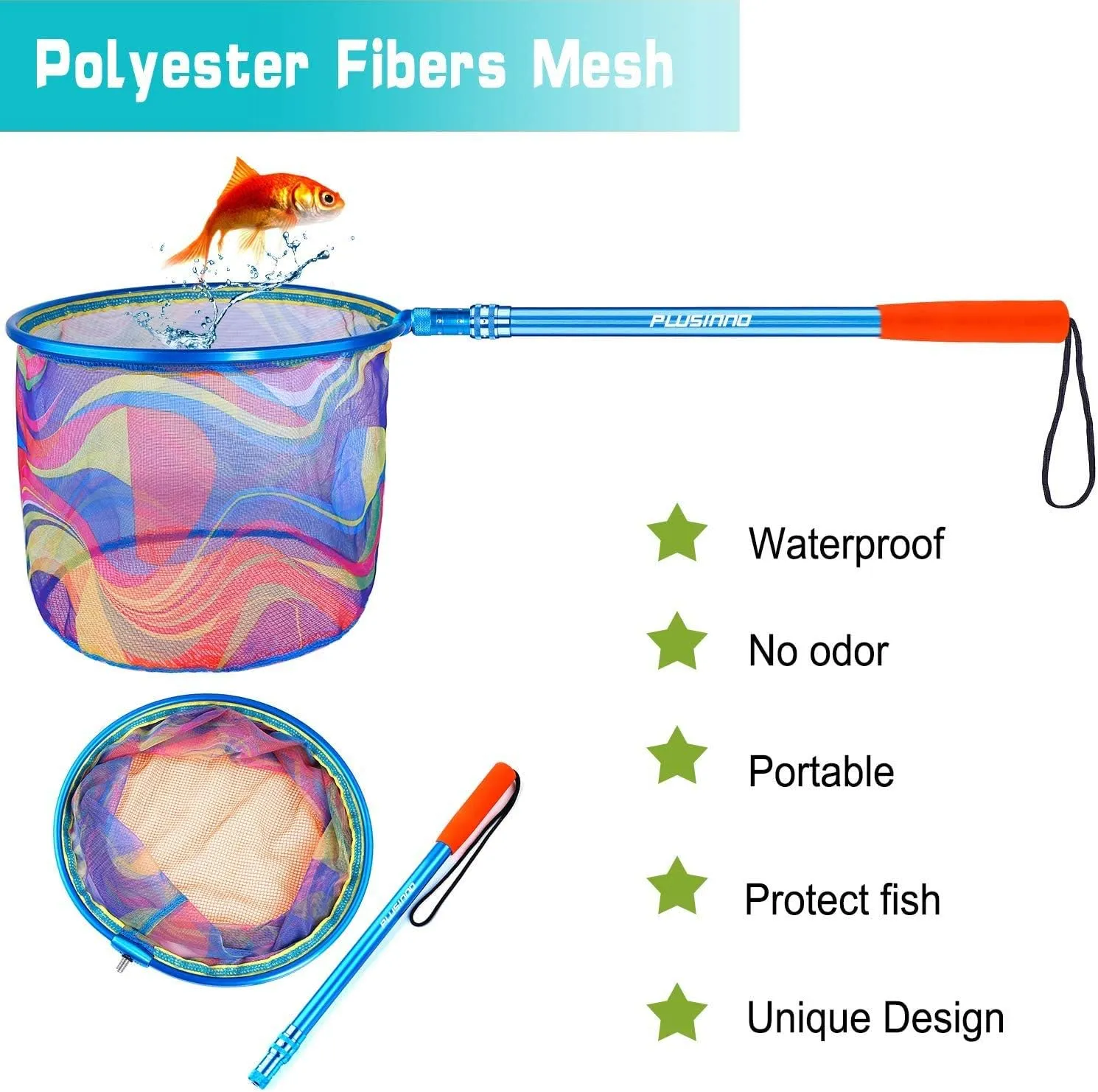 PLUSINNO Kids Fishing Net, Telescopic Lightweight Landing Net with Aluminum Pole Handle and Nylon Mesh, Catch and Release Butterfly Net for Kids Youth Outdoor