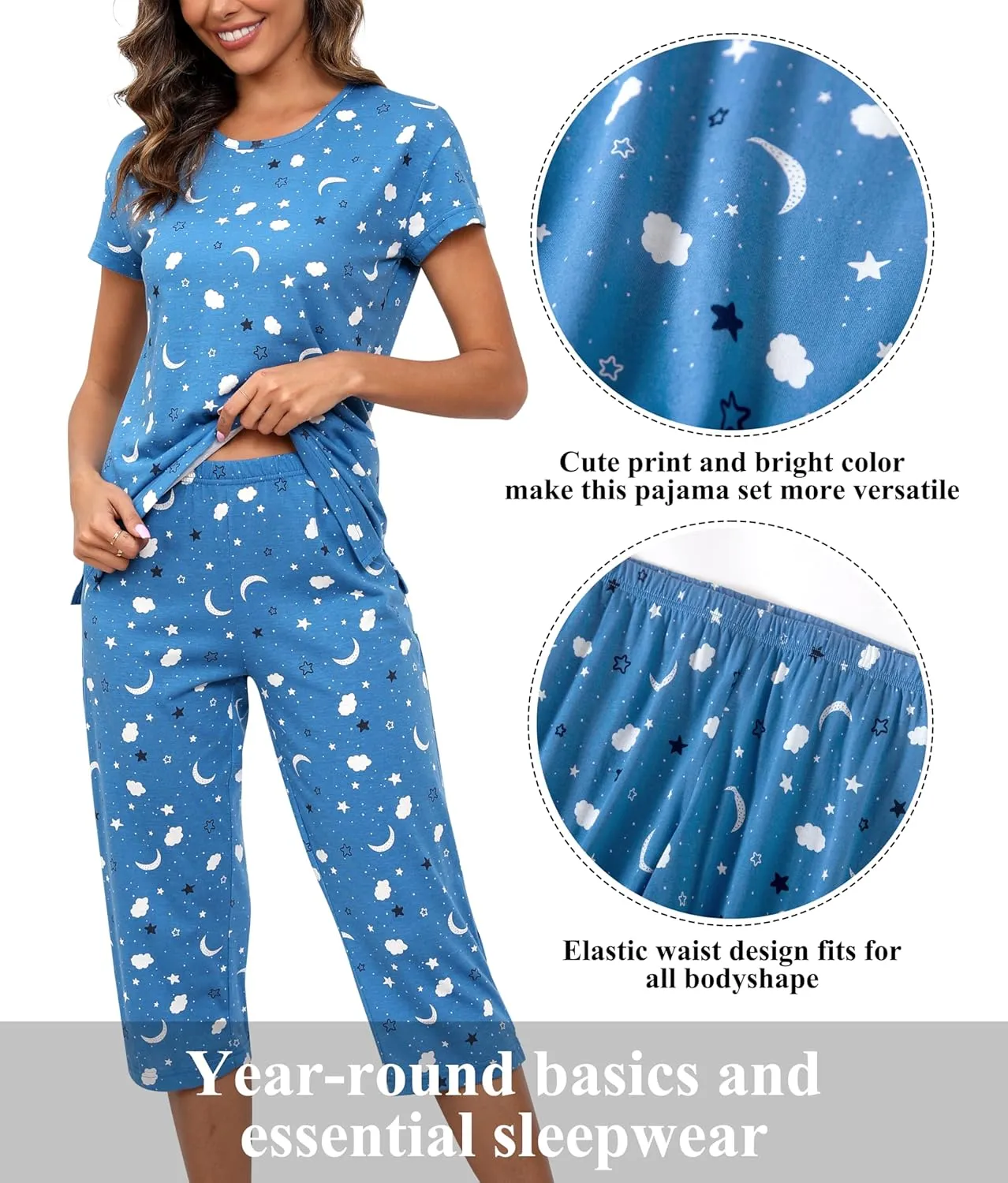 PNAEONG Women Pajama Set Sleepwear Tops with Capri Pants Casual and Fun Prints Pajama Sets
