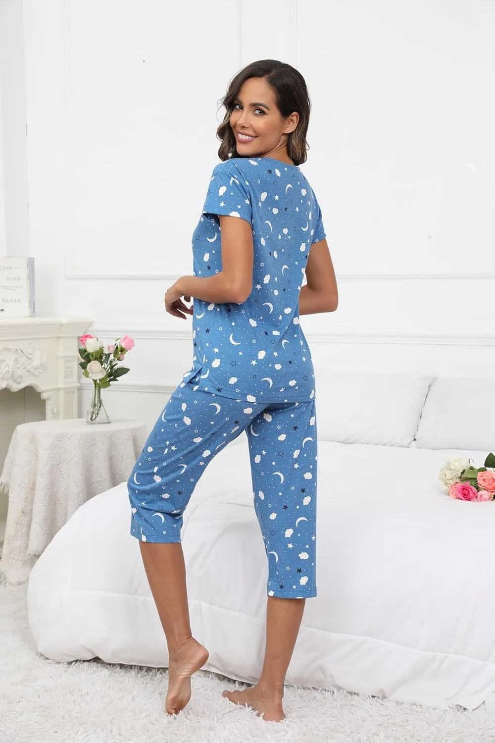 PNAEONG Women Pajama Set Sleepwear Tops with Capri Pants Casual and Fun Prints Pajama Sets