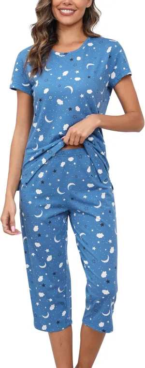 PNAEONG Women Pajama Set Sleepwear Tops with Capri Pants Casual and Fun Prints Pajama Sets