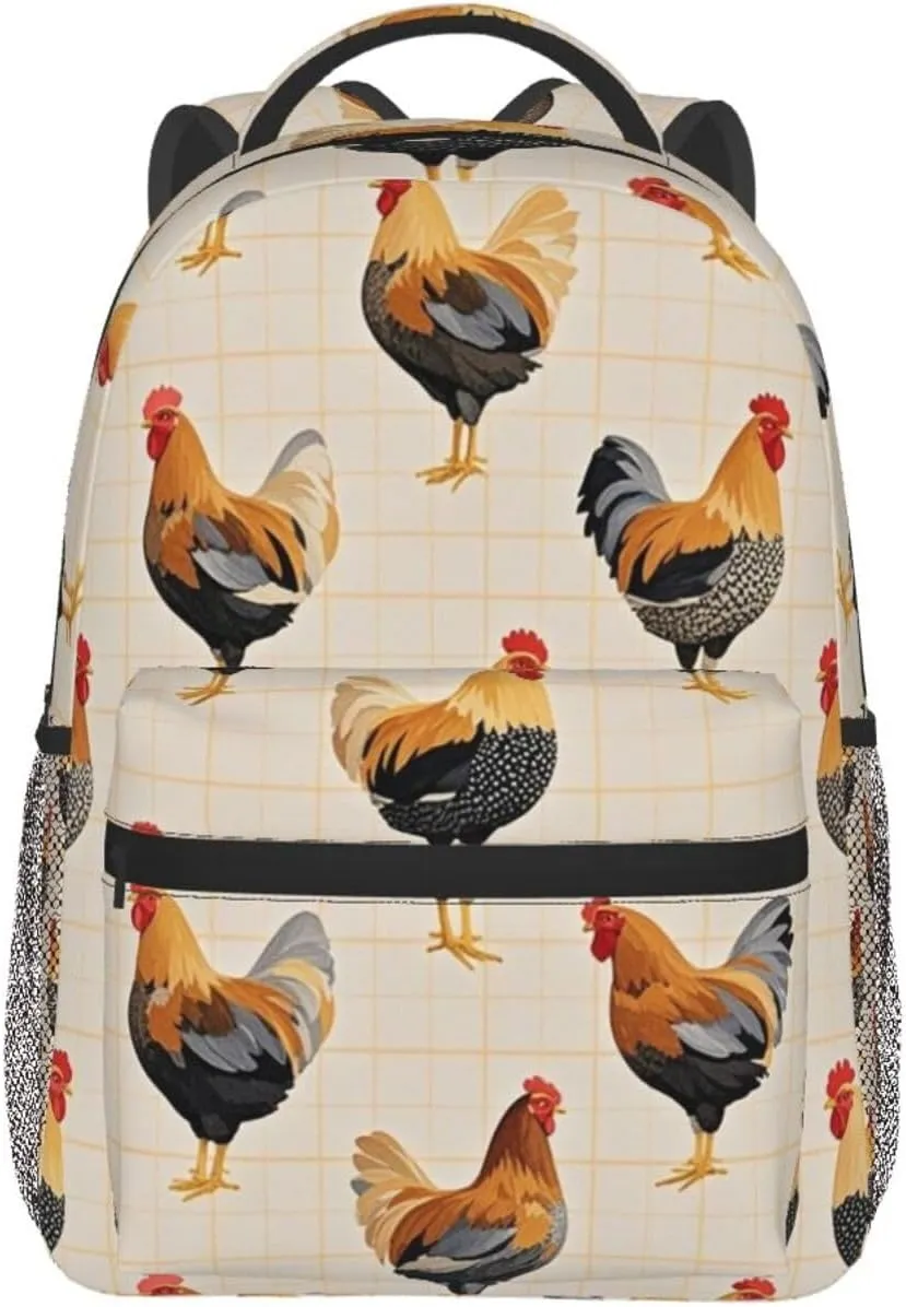 Polyester Daypack Backpack for Trekking Picnic Walking Cycling - Large Capacity Anti-Theft Multipurpose Shoulder Bag, Chicken Rooster Art Casual Daypack