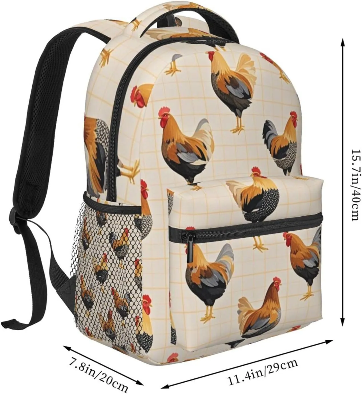 Polyester Daypack Backpack for Trekking Picnic Walking Cycling - Large Capacity Anti-Theft Multipurpose Shoulder Bag, Chicken Rooster Art Casual Daypack