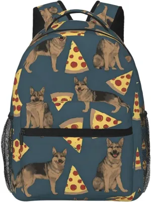 Polyester Daypack Backpack for Trekking Picnic Walking Cycling - Large Capacity Anti-Theft Multipurpose Shoulder Bag, German Shepherd Dog Pizza Art Casual Daypack