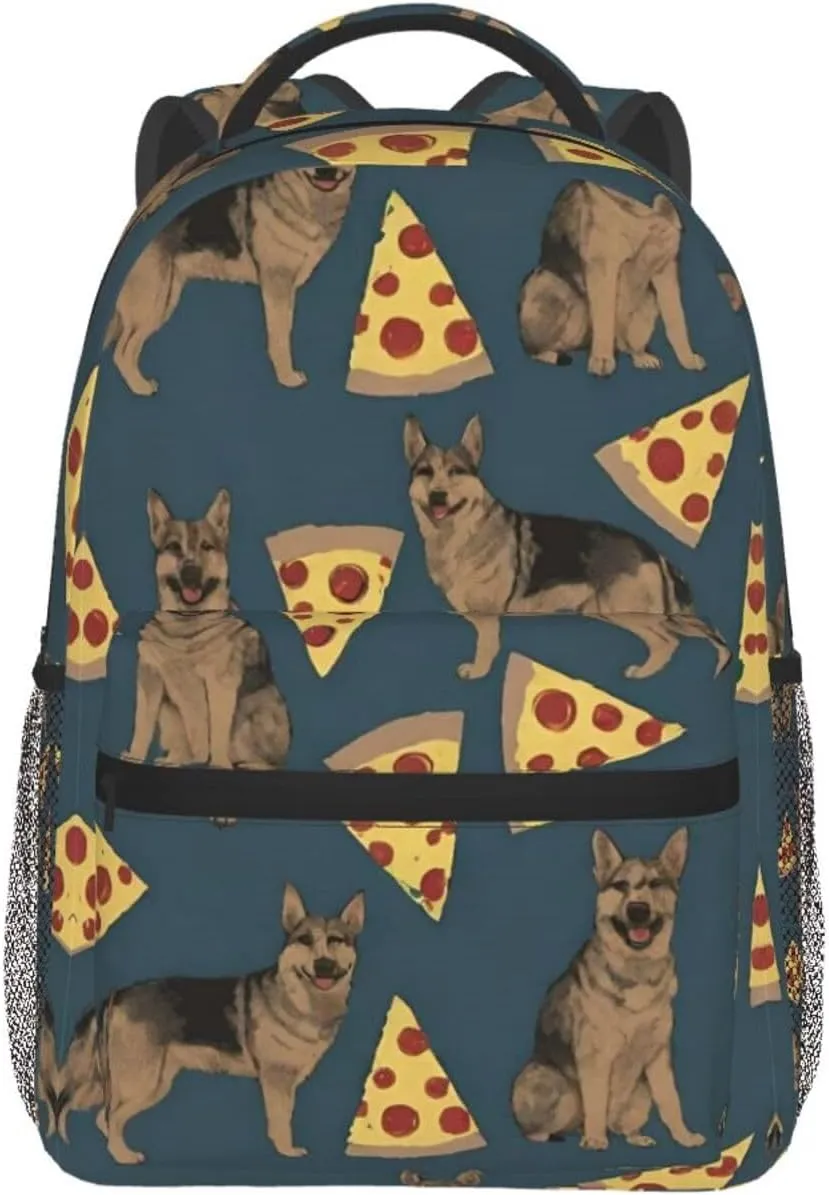 Polyester Daypack Backpack for Trekking Picnic Walking Cycling - Large Capacity Anti-Theft Multipurpose Shoulder Bag, German Shepherd Dog Pizza Art Casual Daypack