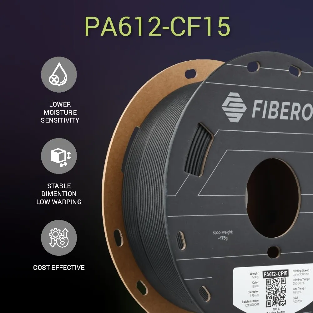 Polymaker Fiberon PA612-CF Carbon Fiber Nylon Filament 1.75mm Black 0.5kg, Fiberon PA612-CF Strong & Low Moisture Sensitive Nylon 1.75mm 3D Printing Filament