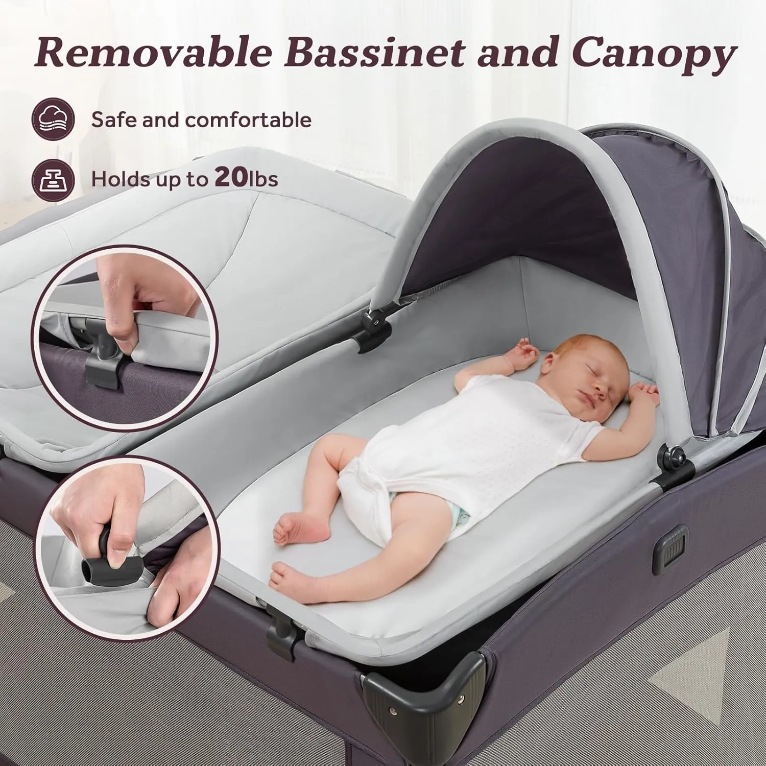 Portable Baby Playard 4 in 1 Design, Foldable Baby Playpen with Removable Bassinet, Canopy and Changing Table, Infant Playrad, Nursery Center Travel Crib