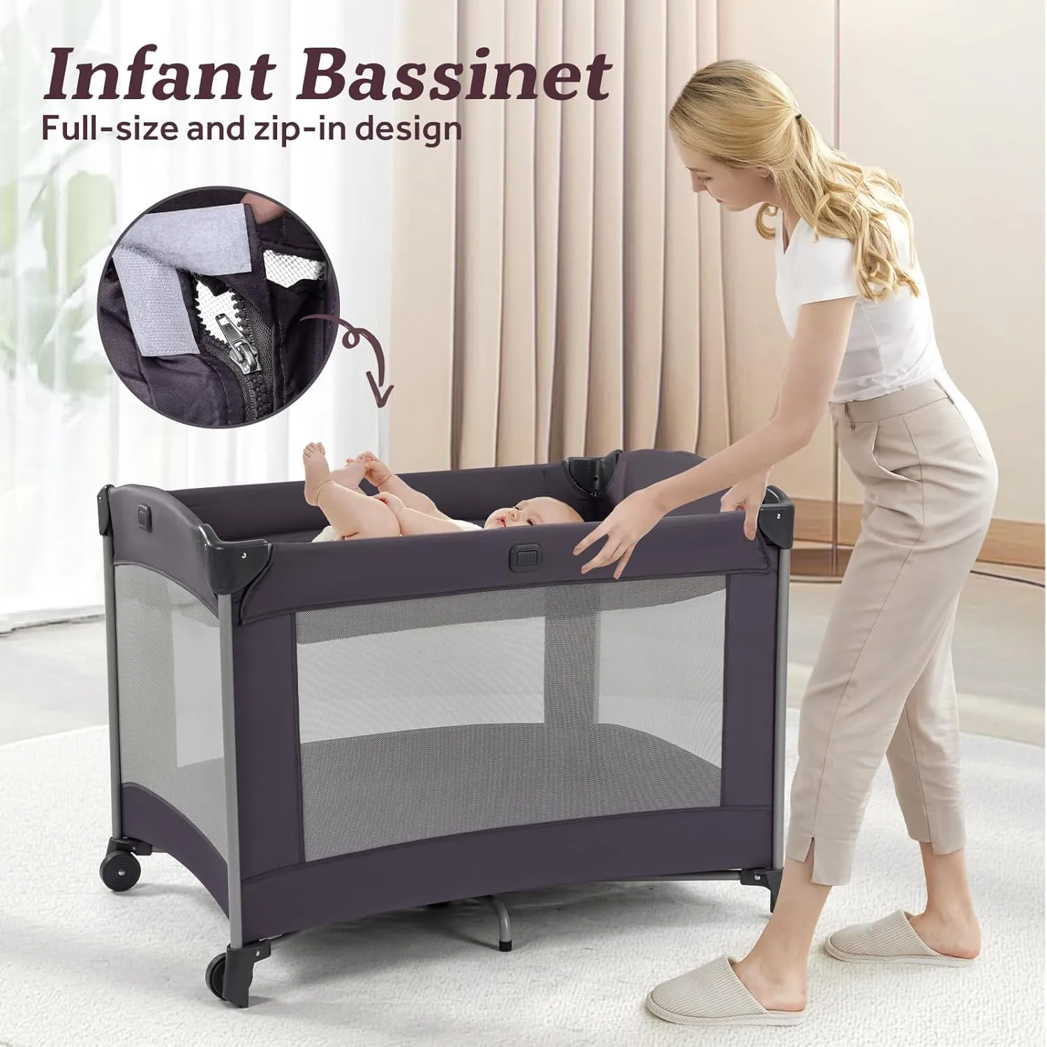 Portable Baby Playard 4 in 1 Design, Foldable Baby Playpen with Removable Bassinet, Canopy and Changing Table, Infant Playrad, Nursery Center Travel Crib