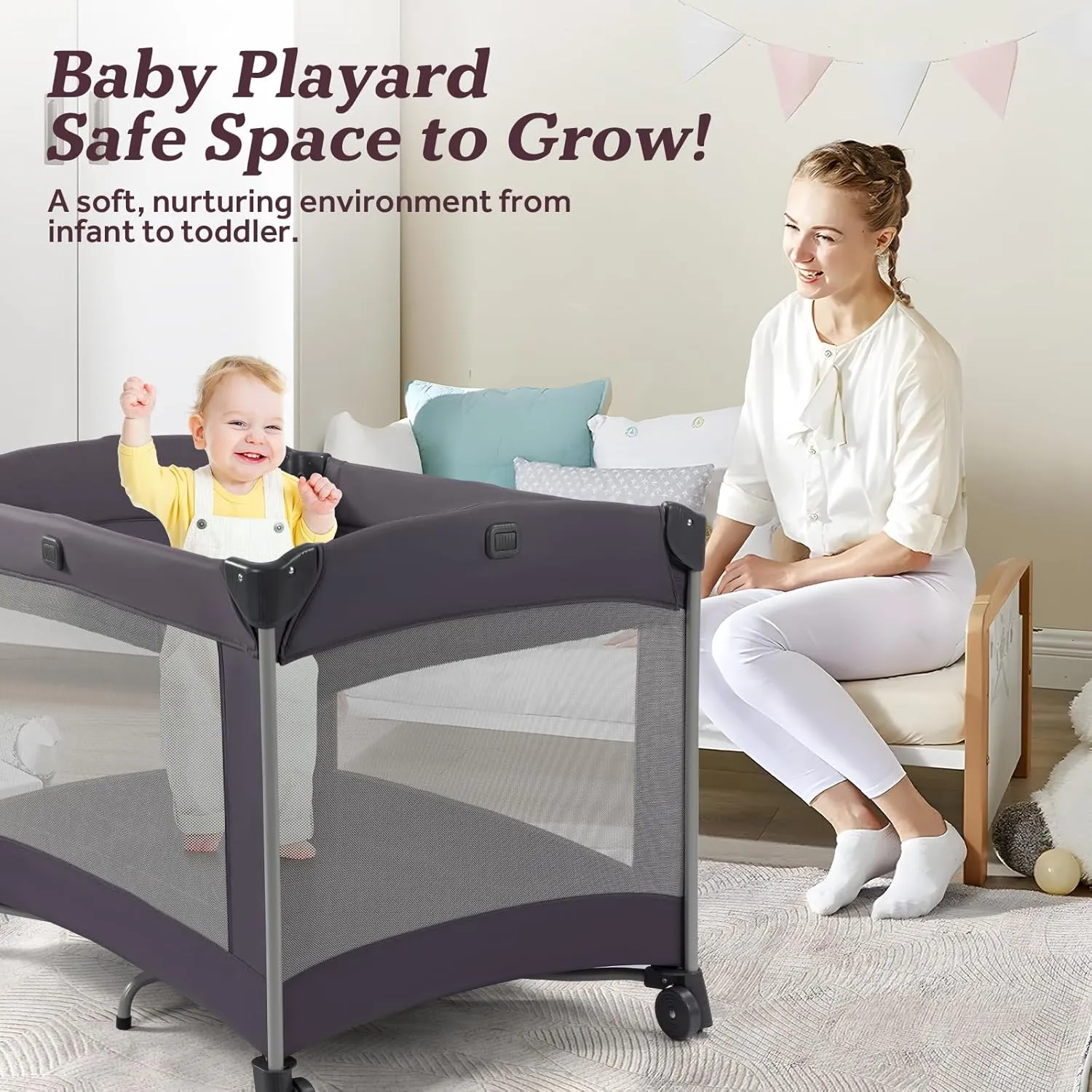 Portable Baby Playard 4 in 1 Design, Foldable Baby Playpen with Removable Bassinet, Canopy and Changing Table, Infant Playrad, Nursery Center Travel Crib