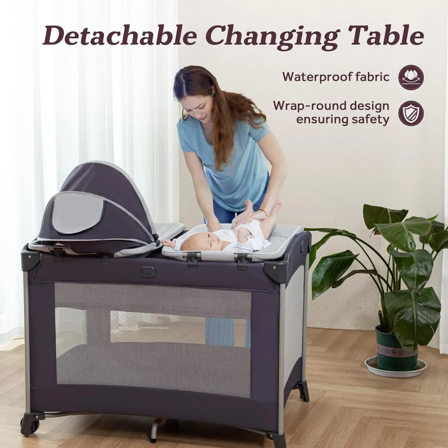 Portable Baby Playard 4 in 1 Design, Foldable Baby Playpen with Removable Bassinet, Canopy and Changing Table, Infant Playrad, Nursery Center Travel Crib
