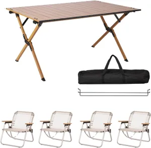 Portable Camping Fur Set of 5, Folding Camping Table with 4 airs, Aluminum Picnic Table Lawn Foldable air with Storage Bags, for Bea,Fishing,Hiking,BBQ