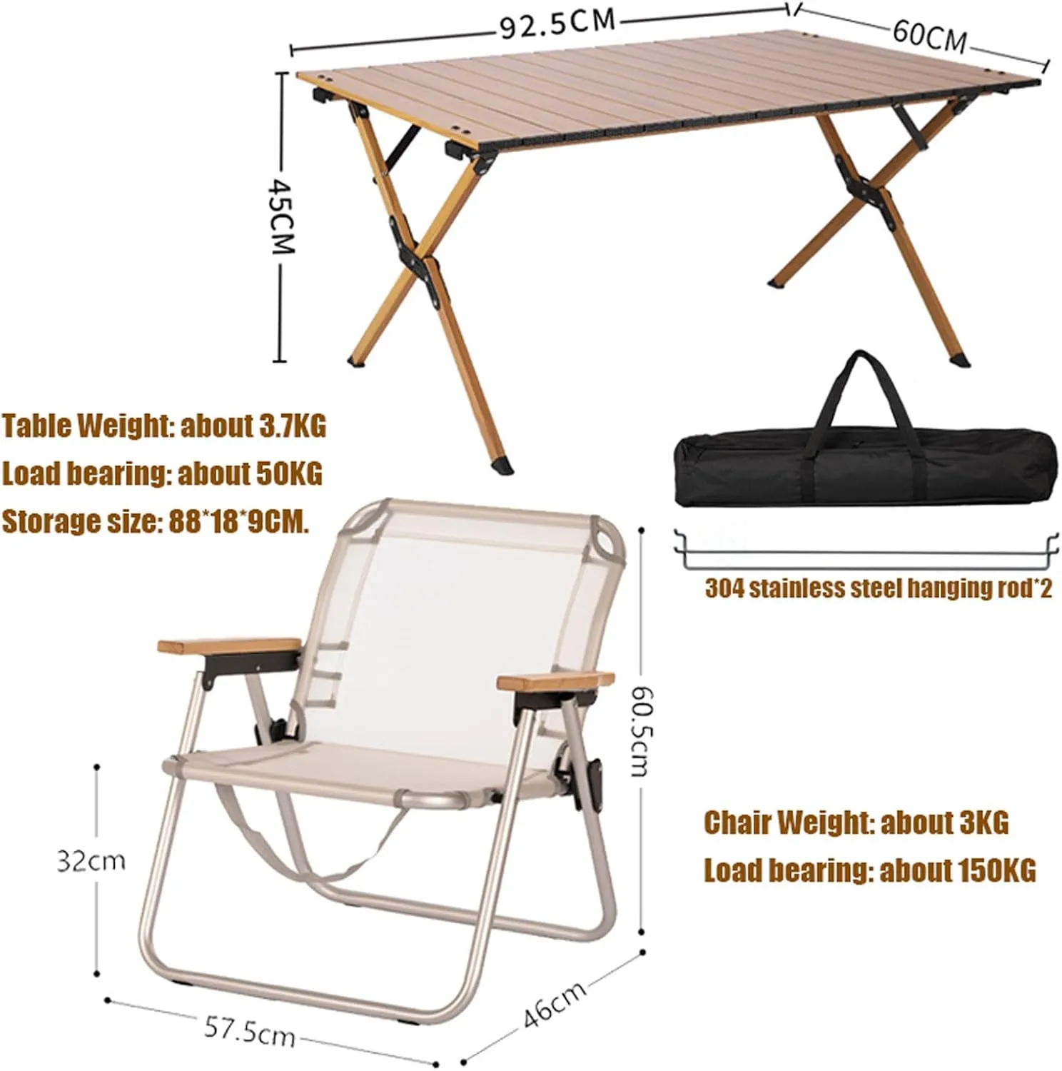 Portable Camping Fur Set of 5, Folding Camping Table with 4 airs, Aluminum Picnic Table Lawn Foldable air with Storage Bags, for Bea,Fishing,Hiking,BBQ
