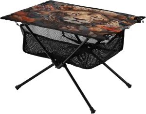 Portable Camping Table Foldable with Mesh Storage Lightweight Compact Camp Tent Side Table for Outside,Camping,Hiking,Tailgating,Lion