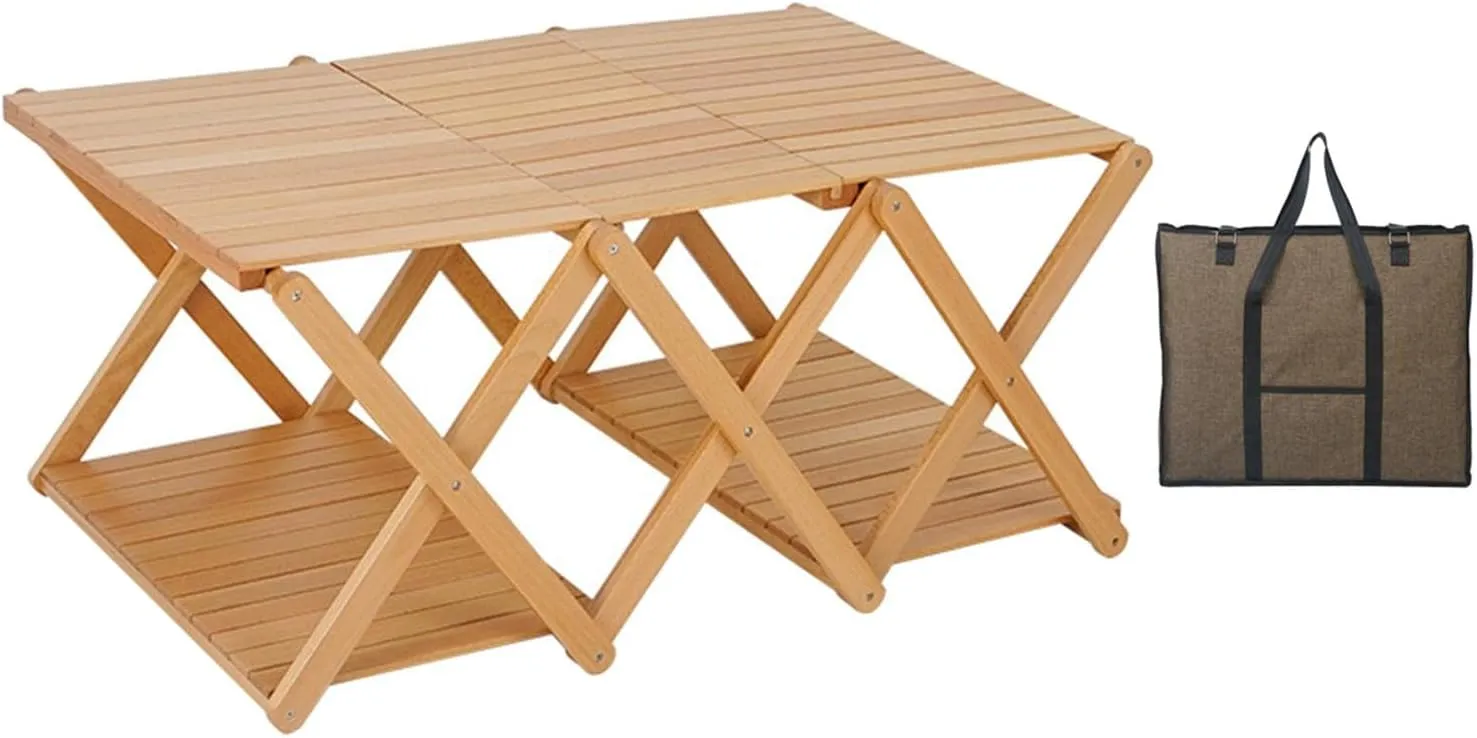Portable Camping Table for Outdoor Picnic and Hiking - Wood Folding Table with Layers Shelf System and Carrying Bag - weight and