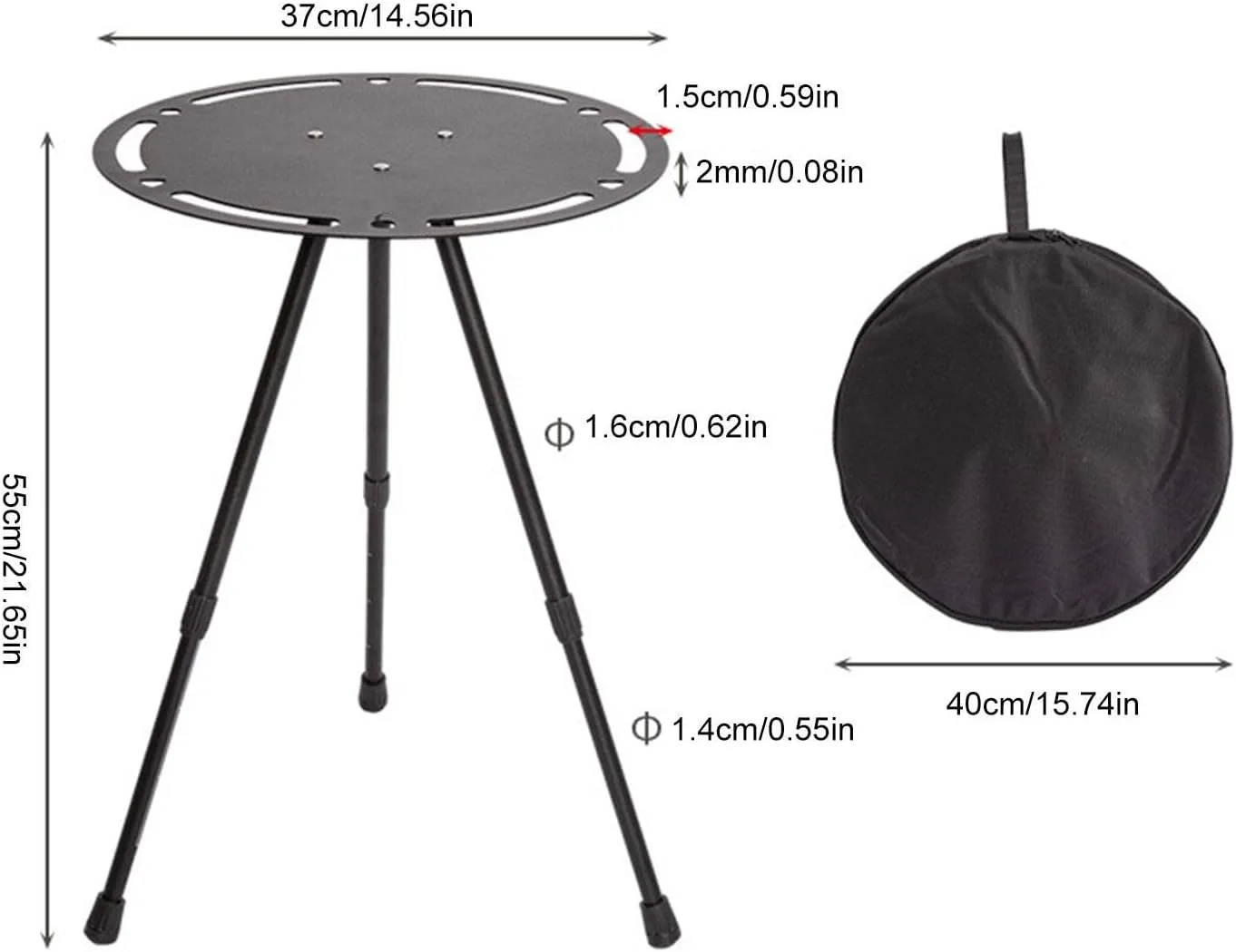 Portable Camping Table, Round Aluminum Picnic Table, Easy to Install, Height Adjustable, with Storage Bag, Camping Table for Beach, Hiking, Camping./Ferrous/Hollow Aluminum Surface