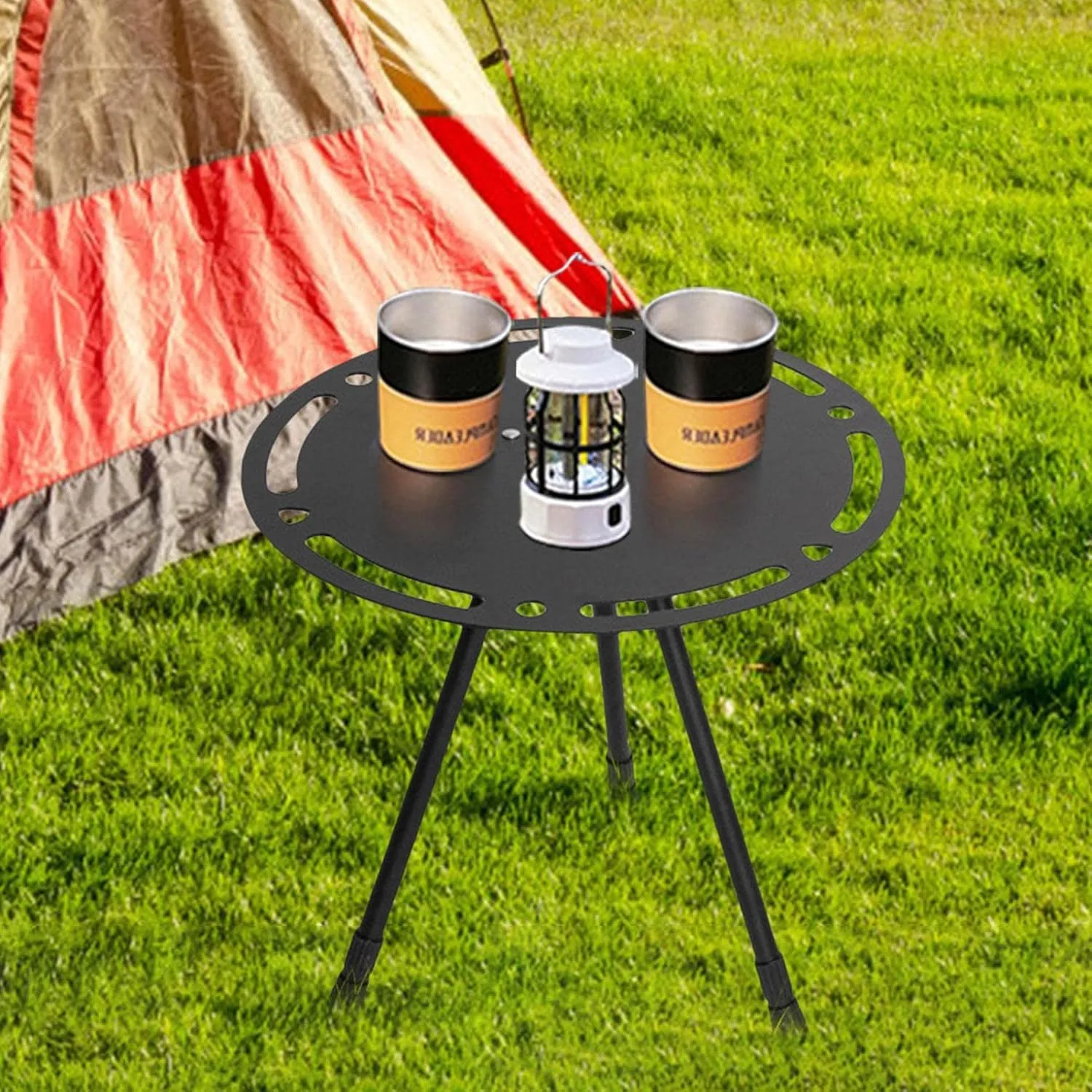 Portable Camping Table, Round Aluminum Picnic Table, Easy to Install, Height Adjustable, with Storage Bag, Camping Table for Beach, Hiking, Camping./Ferrous/Hollow Aluminum Surface
