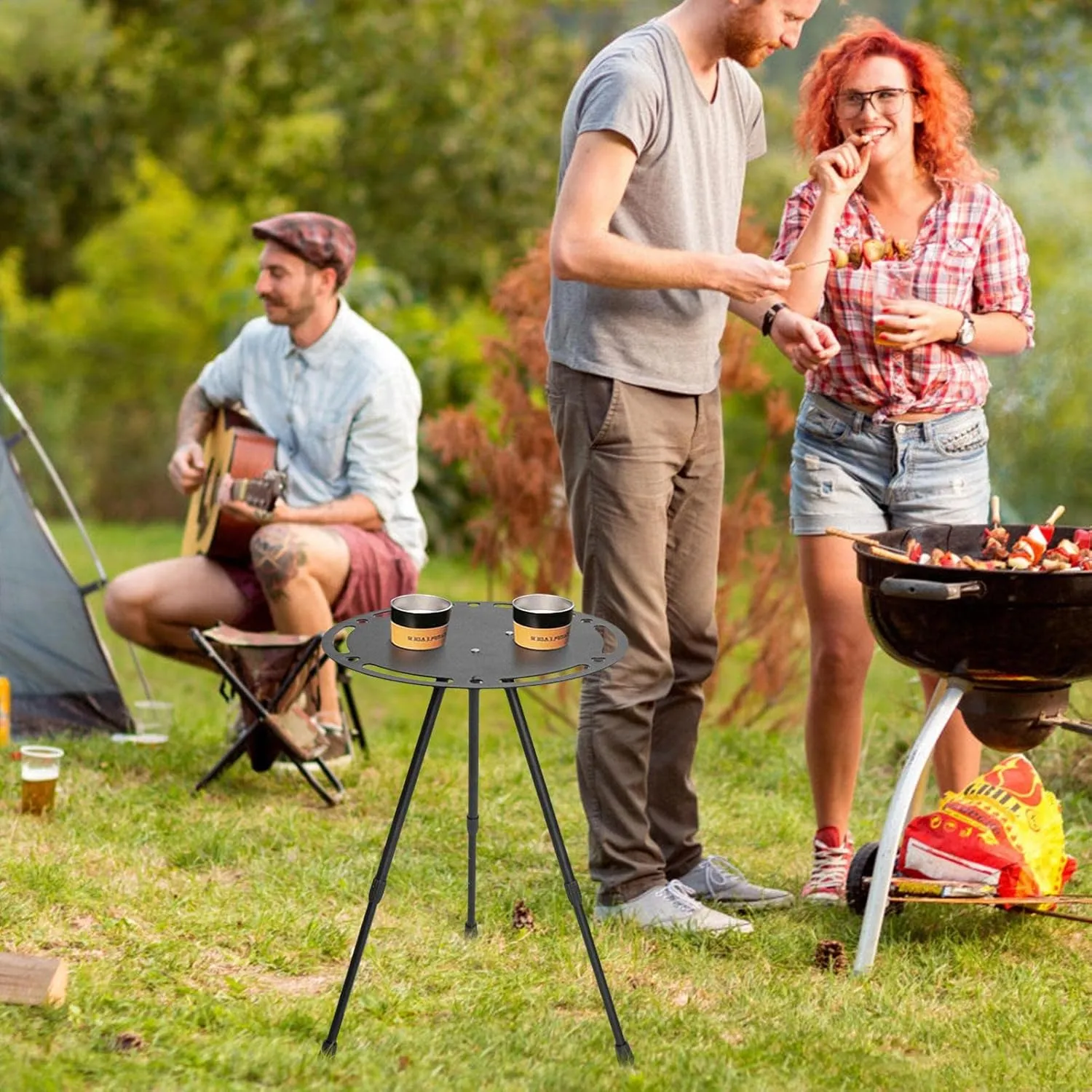 Portable Camping Table, Round Aluminum Picnic Table, Easy to Install, Height Adjustable, with Storage Bag, Camping Table for Beach, Hiking, Camping./Ferrous/Hollow Aluminum Surface