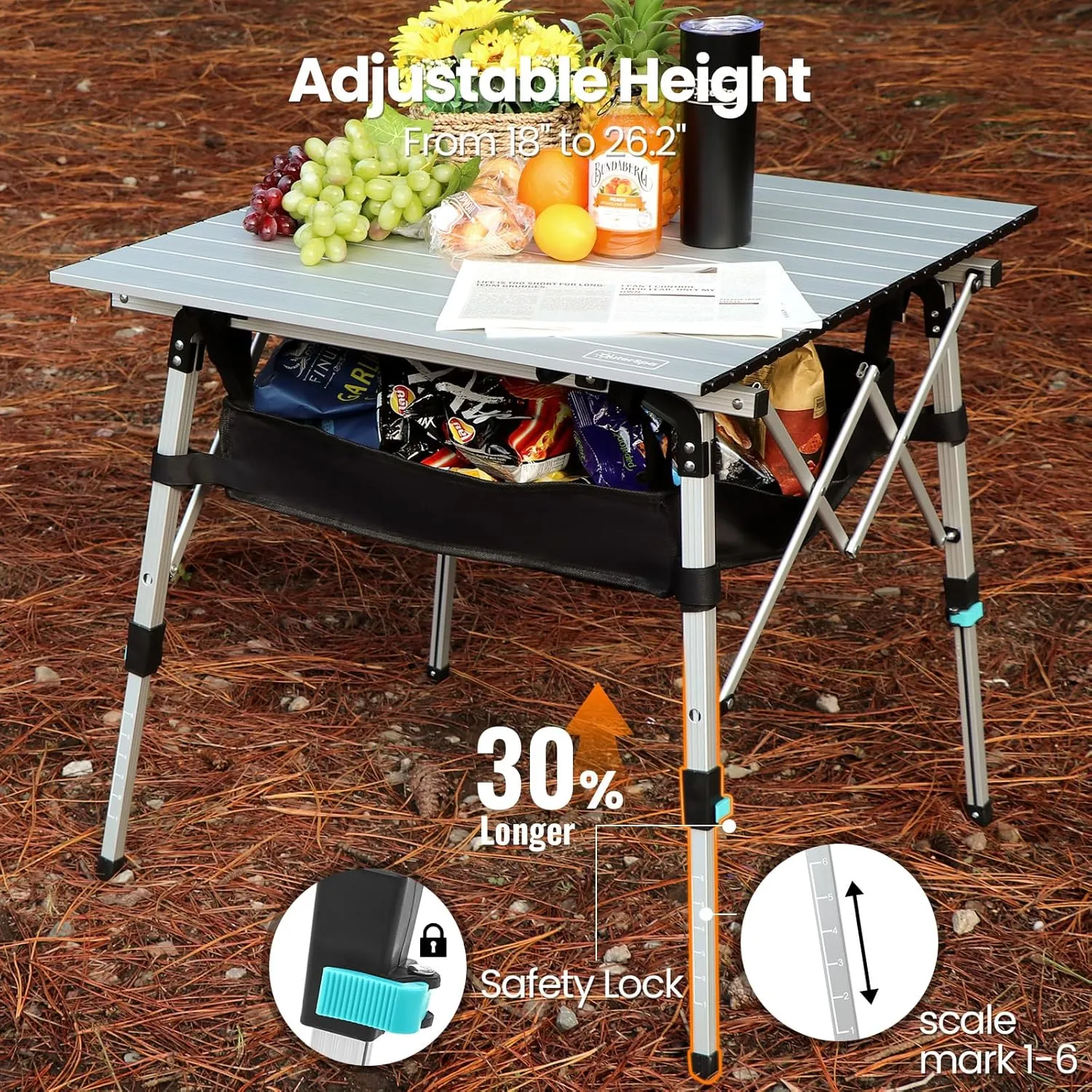 Portable Camping Table with Adjustable Legs, Lightweight Aluminum Folding Table Foldable Table for Outdoor Cooking, Picnic, Beach, Backyards, Square