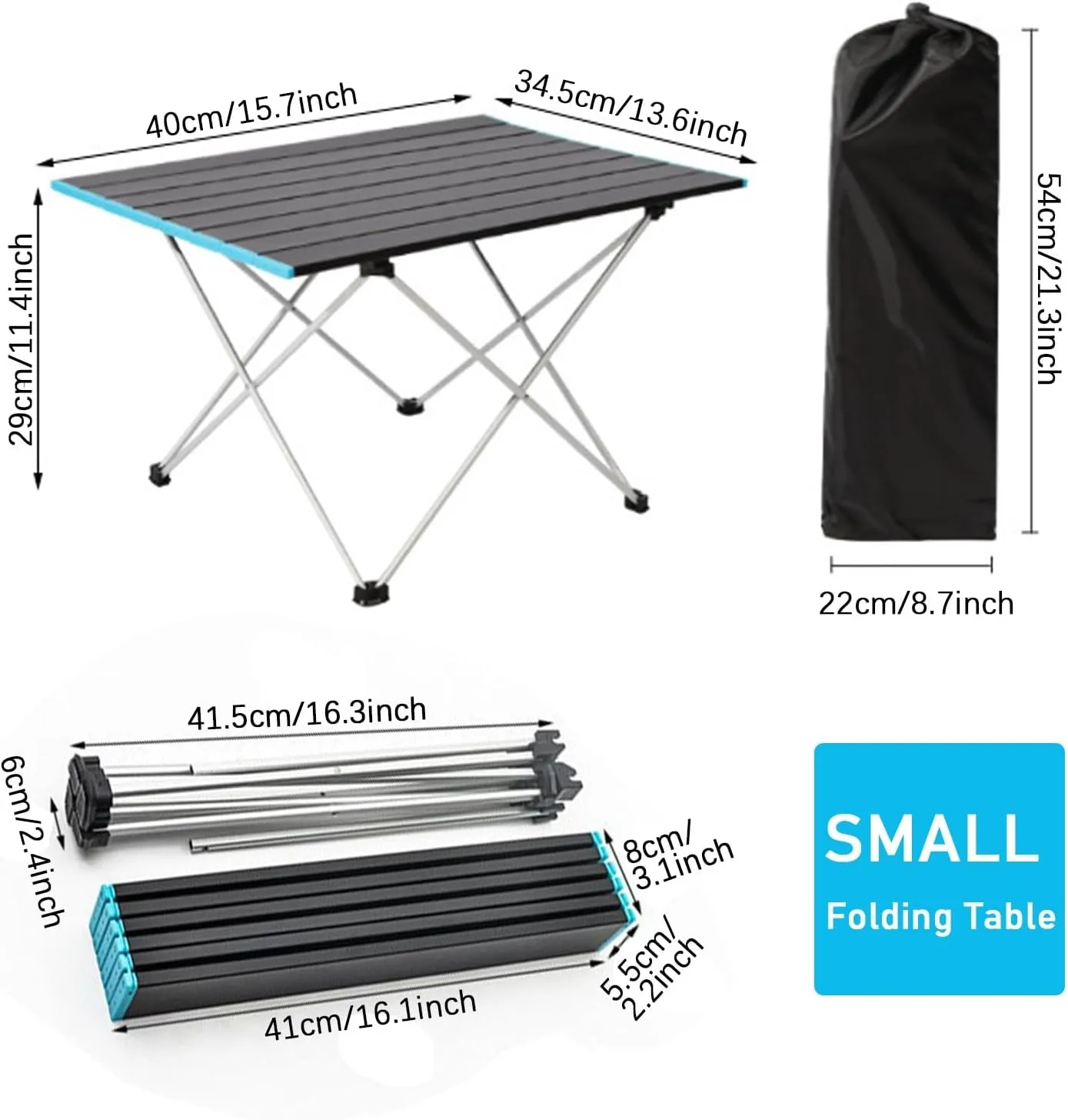 Portable Camping Table with Aluminum Table Top, Ultralight Small Folding Camping Side Table with Carry Bag, Roll Up Dining Table for BBQ, Picnic, Cooking, Beach, Hiking, Fishing