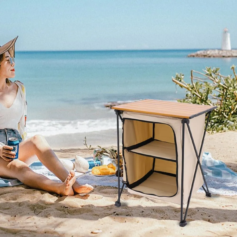 Portable Camping Table with Storage Shelf, Heavy Duty Ultralight Foldable Beach Table Quick Set-up Aluminum Camp Table for Hiking Picnic, Grill, Hiking, Fishing, Sand, Camping