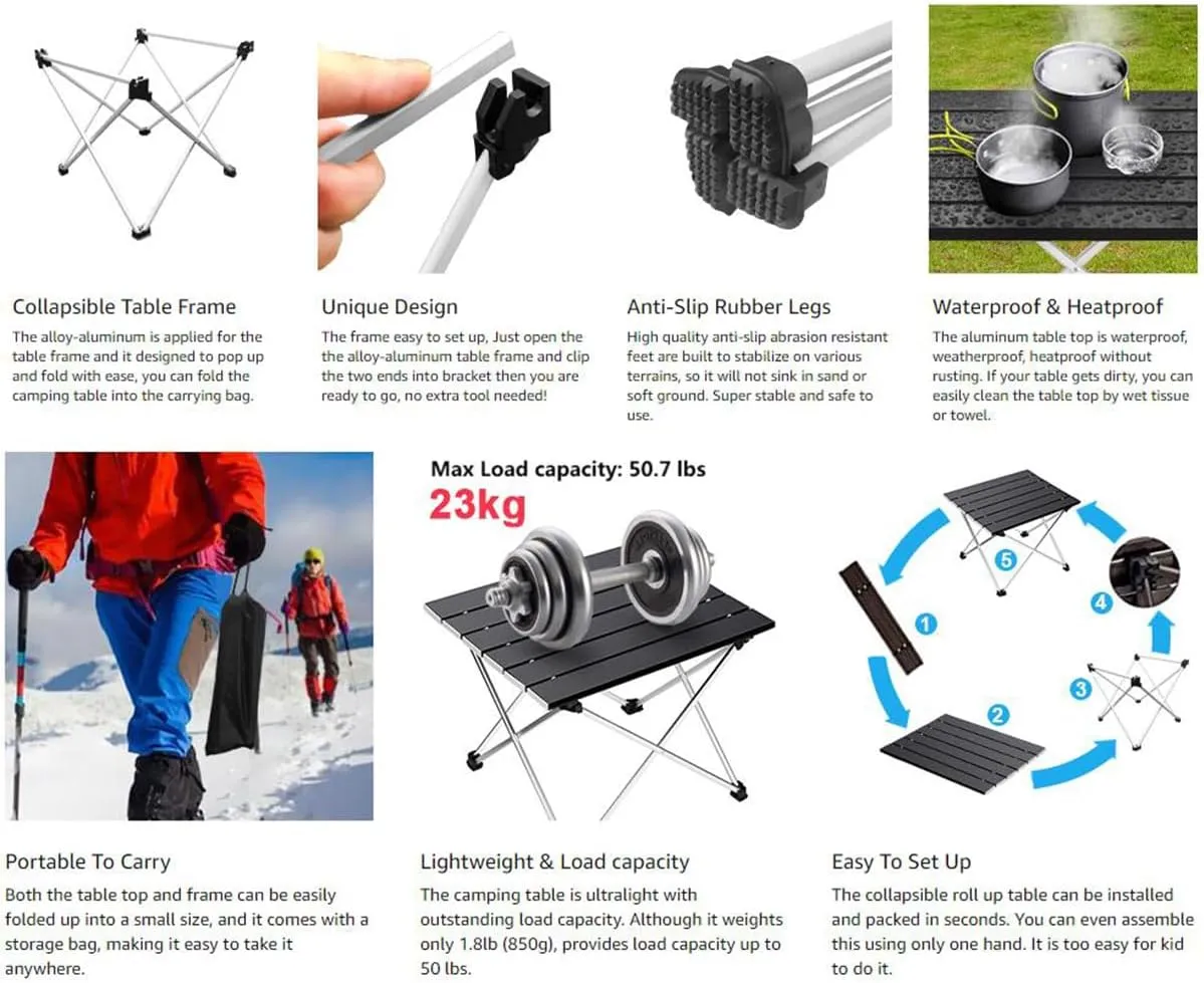 Portable Camping Tables Aluminum Roll up Table Small Folding Table for Camping Hiking Picnic Fishing BBQ (22.05"x15.94"x15.75")