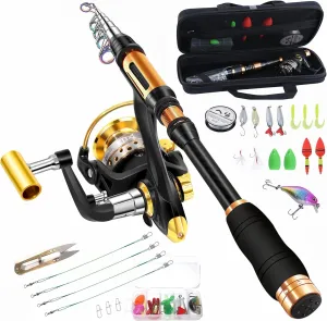 Portable Fishing Spinning Rod and Reel Combo Set Carbon Fiber Fluorescent Rod Tip, with Fishing Lures Line Carrier Bag Kits for Travel Surf 99 (Black-3, 2.1M/82.6in/6.88ft)