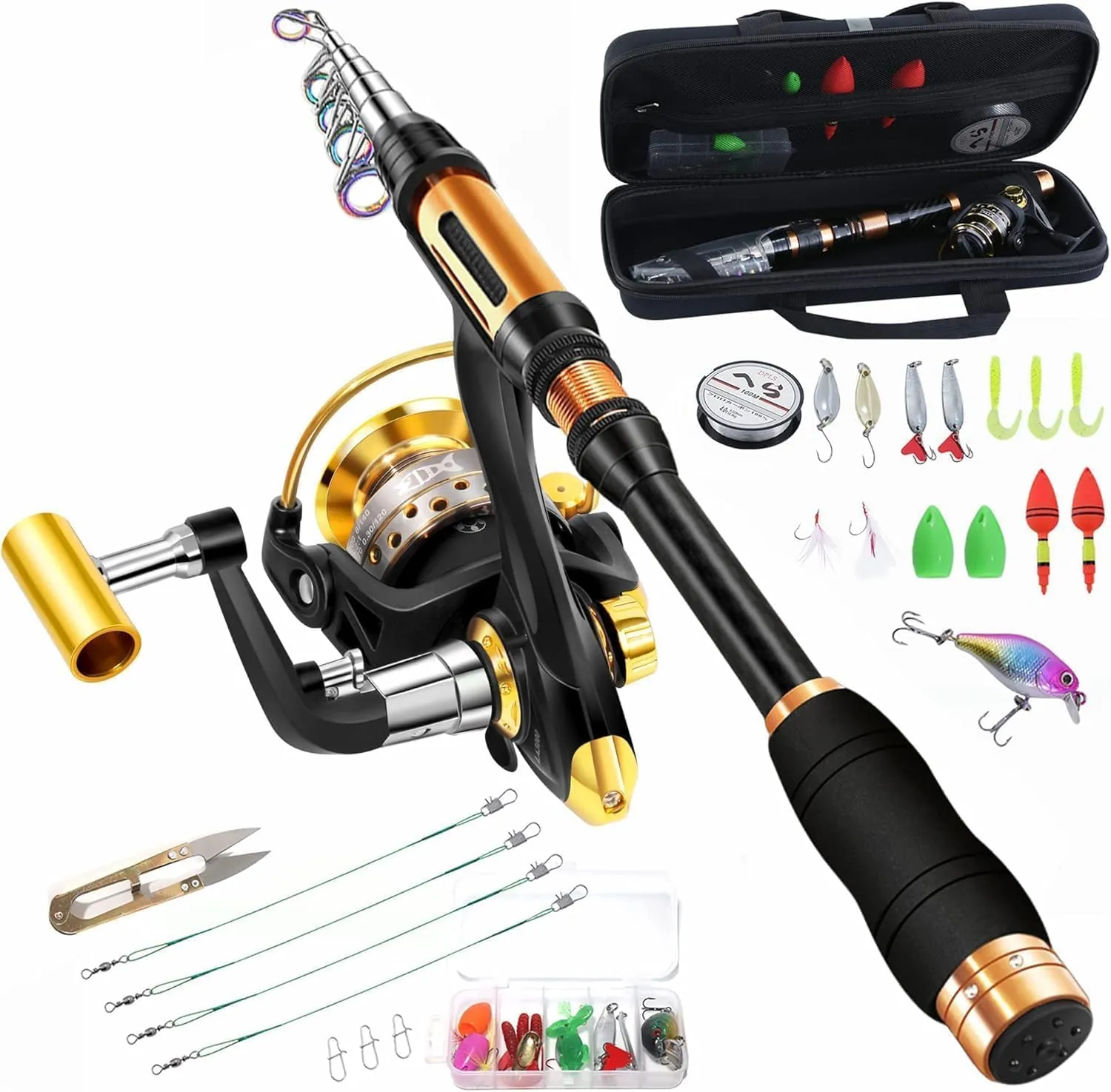 Portable Fishing Spinning Rod and Reel Combo Set Carbon Fiber Fluorescent Rod Tip, with Fishing Lures Line Carrier Bag Kits for Travel Surf 99 (Black-3, 2.1M/82.6in/6.88ft)