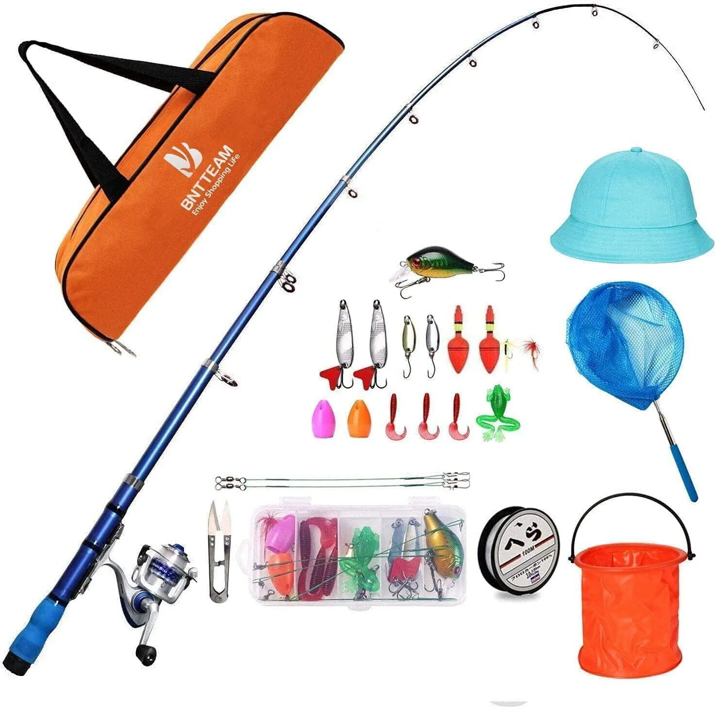 Portable Fishing Spinning Rod and Reel Combo Set Carbon Fiber Fluorescent Rod Tip, with Fishing Lures Line Carrier Bag Kits for Travel Surf 99 (Orange-2, 1.2M/47in/3.9ft)