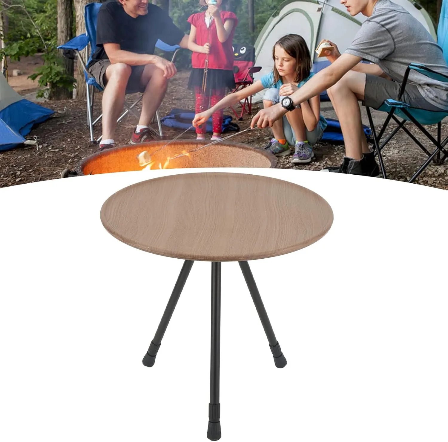 Portable Folding Camping Round Table Aluminum Alloy Foldable Triangular Bracket Design for Outdoor Camping Picnics (Wood Grain Color)