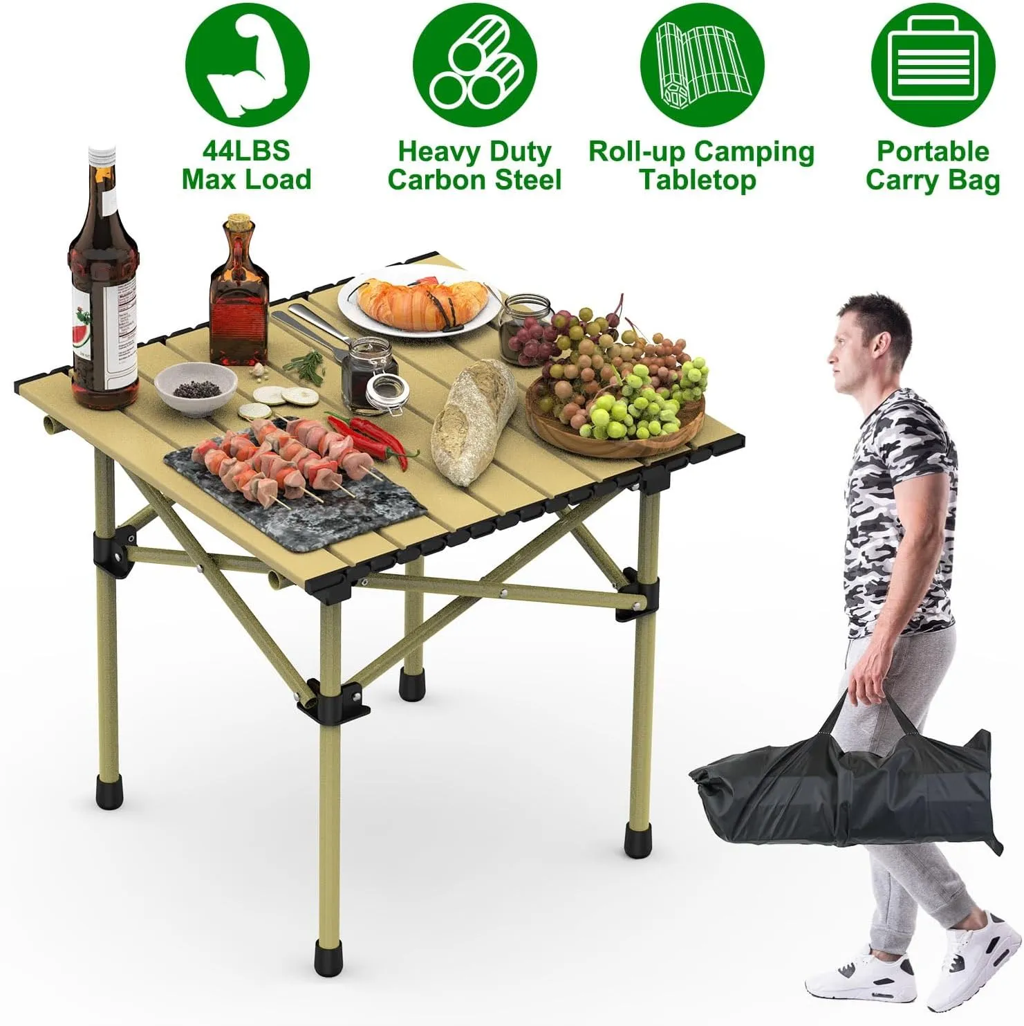 Portable Folding Camping Table, Lightweight Roll-up Outdoor Table with Carry Bag, Collapsible Picnic Table for Camping, Beach, BBQ, Hiking, Foldable & Sturdy Camping Furniture, S Size