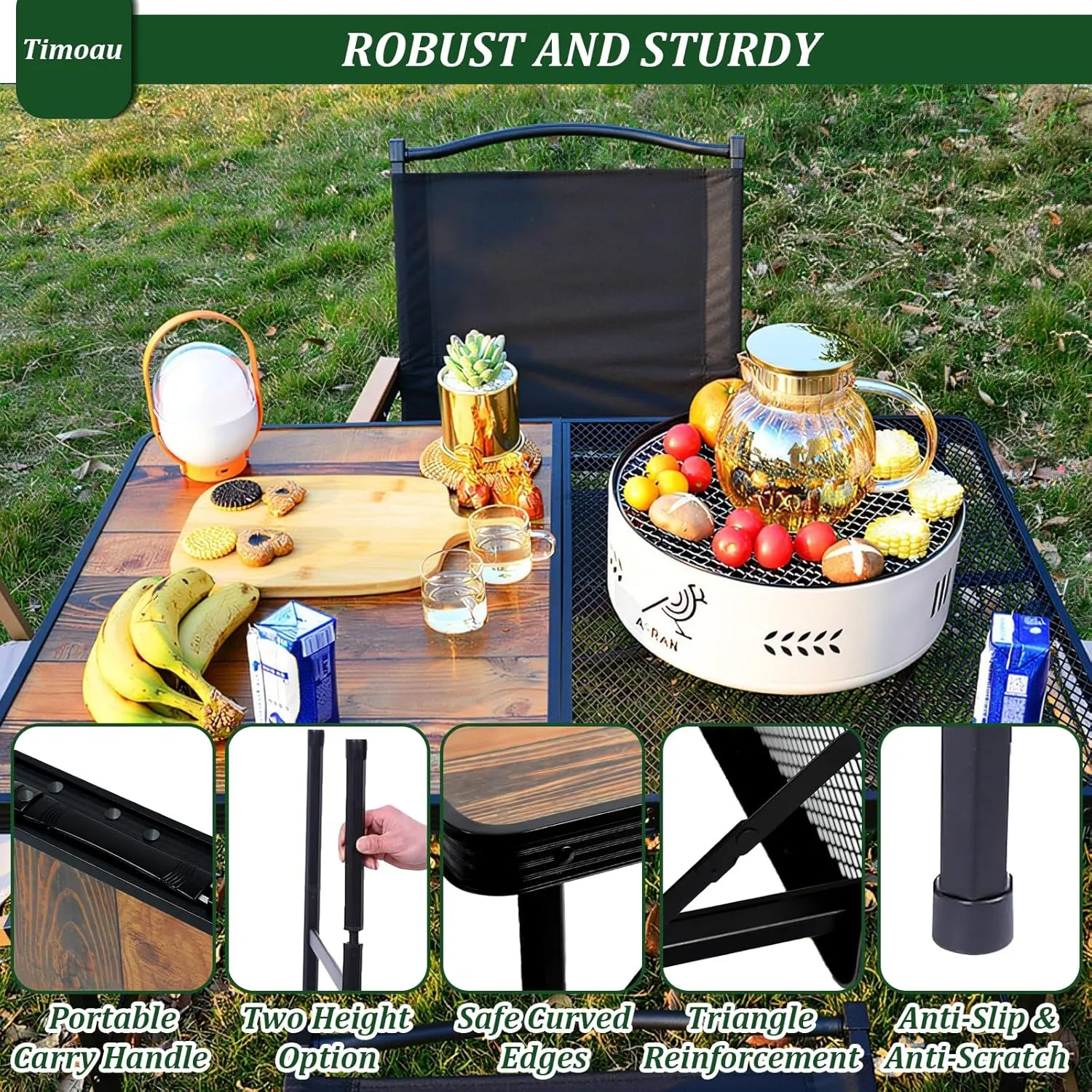 Portable Folding Grill Table, 3x2 FT, Wooden, Black, Aluminum, 90 lbs Capacity, 2 Height Positions, Perfect for Camping, Picnic, Beach & BBQ