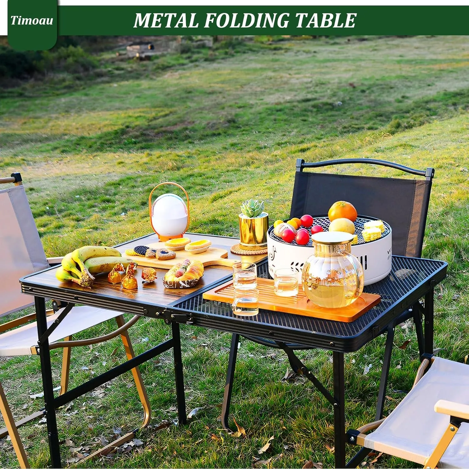 Portable Folding Grill Table, 3x2 FT, Wooden, Black, Aluminum, 90 lbs Capacity, 2 Height Positions, Perfect for Camping, Picnic, Beach & BBQ