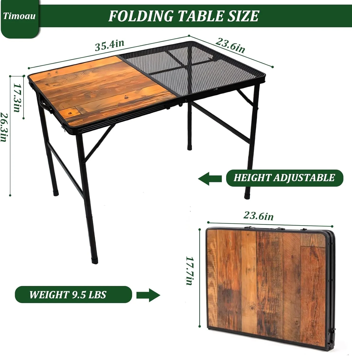 Portable Folding Grill Table, 3x2 FT, Wooden, Black, Aluminum, 90 lbs Capacity, 2 Height Positions, Perfect for Camping, Picnic, Beach & BBQ