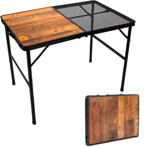 Portable Folding Grill Table, 3x2 FT, Wooden, Black, Aluminum, 90 lbs Capacity, 2 Height Positions, Perfect for Camping, Picnic, Beach & BBQ