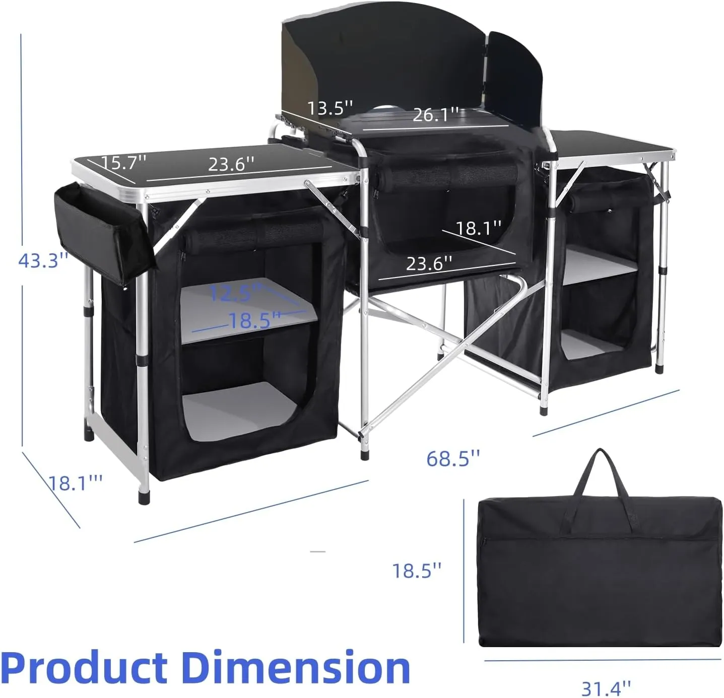 Portable Kitchen Camping Table with Storage with 2 Bags 2L/5L Aluminum Picnic Table Folding Table Outdoor Cooking Station with Windscreen for BBQ, Party, Outdoor Cooking Black