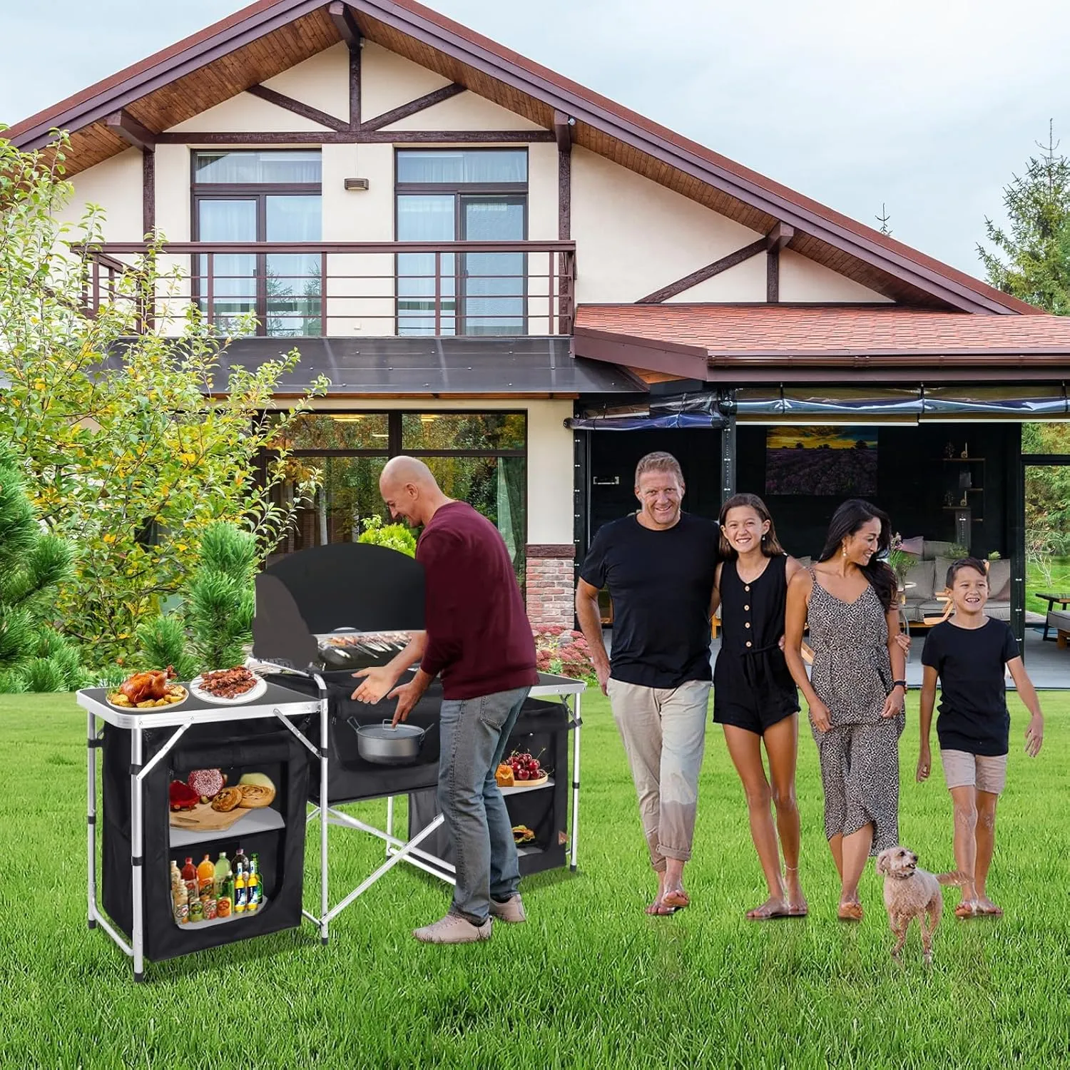 Portable Kitchen Camping Table with Storage with 2 Bags 2L/5L Aluminum Picnic Table Folding Table Outdoor Cooking Station with Windscreen for BBQ, Party, Outdoor Cooking Black