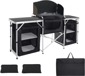 Portable Kitchen Camping Table with Storage with 2 Bags 2L/5L Aluminum Picnic Table Folding Table Outdoor Cooking Station with Windscreen for BBQ, Party, Outdoor Cooking Black