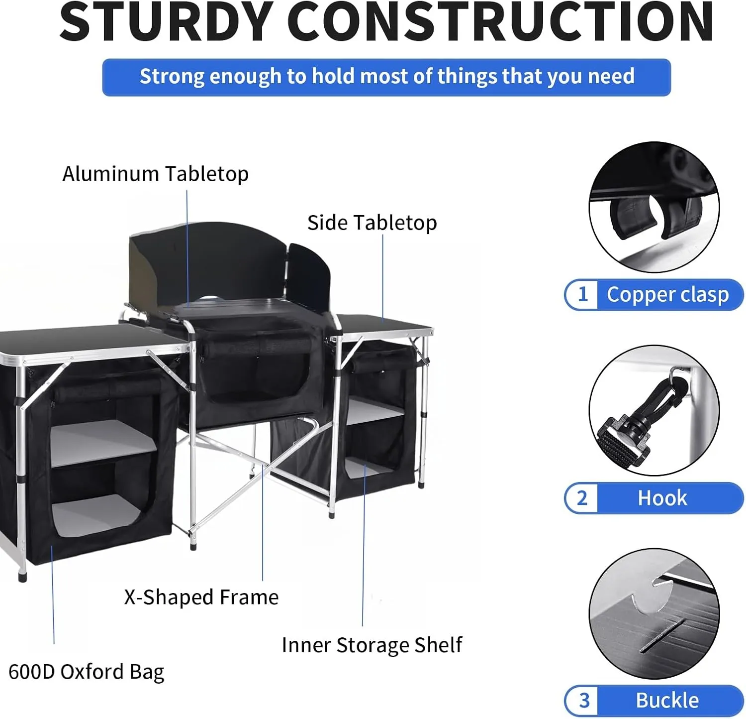 Portable Kitchen Camping Table with Storage with 2 Bags 2L/5L Aluminum Picnic Table Folding Table Outdoor Cooking Station with Windscreen for BBQ, Party, Outdoor Cooking Black
