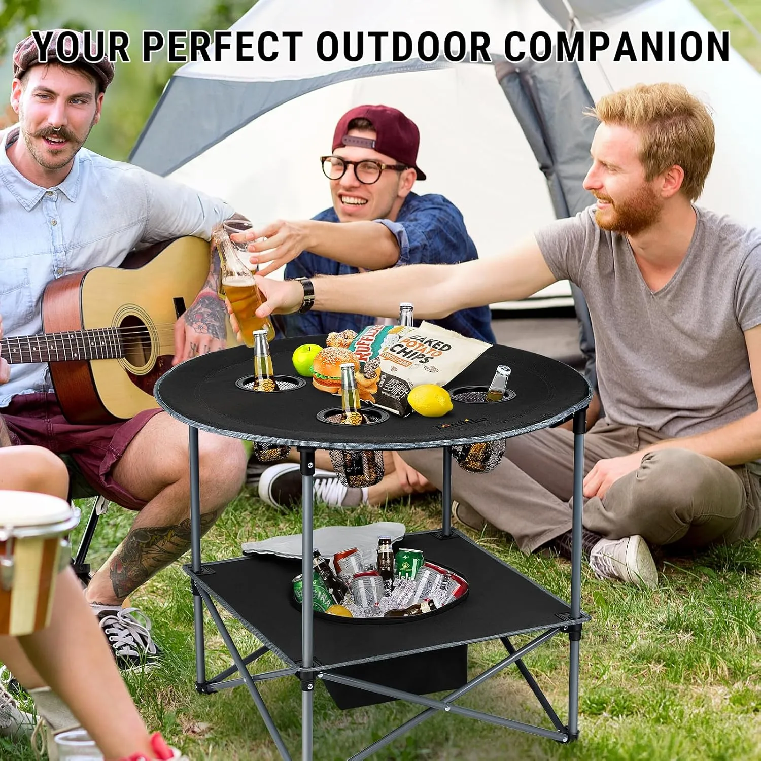 Portable Lightweight Folding Camping Table - Collapsible Foldable Picnic Camp Table with Cooler 4 Enlarged Upgraded Cup Holders and Carry Bag for Tailgating Beach BBQ RV Hiking Party Travel