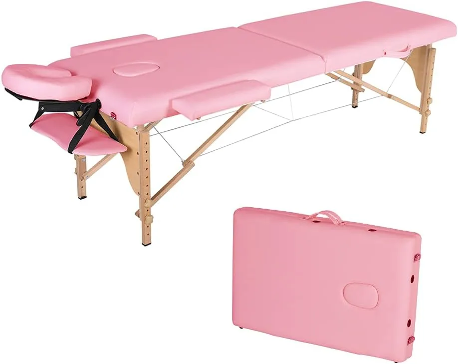 Portable Massage Table,Massage Bed Spa Bed 84” L 24” W Height Adjustable Massage Table 2 Fold Salon Bed (Pink)