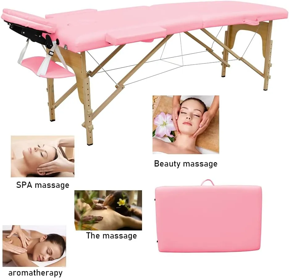 Portable Massage Table,Massage Bed Spa Bed 84” L 24” W Height Adjustable Massage Table 2 Fold Salon Bed (Pink)