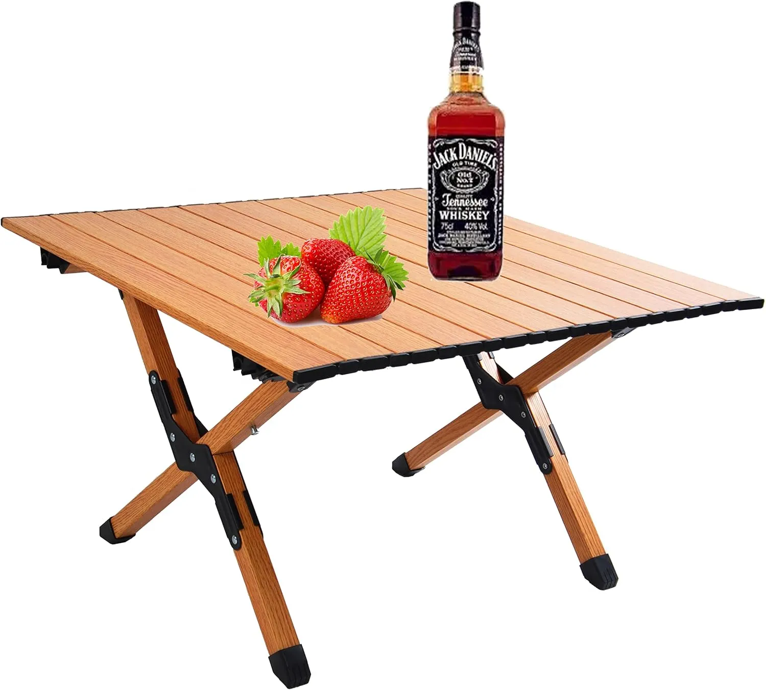Portable Picnic Table with Rollable Aluminum Alloy Top, Folding X-Shaped Frame for Easy Storage, Suitable for 4-6 People, Brown and White