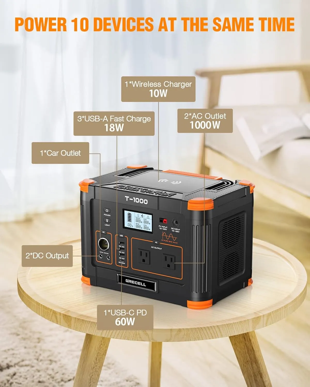 Portable Power Station 1000W, GRECELL 999Wh Solar Powered Generator with 110V AC Outlet, PD 60W Fast Charging Backup Lithium Battery Pack Power Supply for Outdoor Home Camping Travel Emergency RV Van