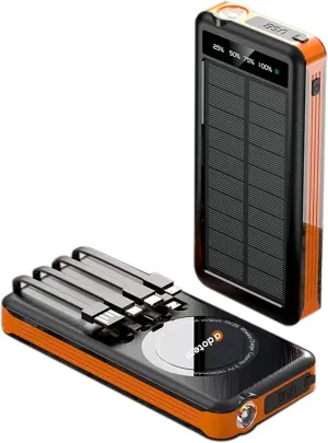Portable Solar Power Bank with Built-in Cables - 10,000mAh Cell Phone Battery Charger with USB, Micro USB, and Type-C Cables, Waterproof Build, Digital Display & Wireless Charging (Orange)