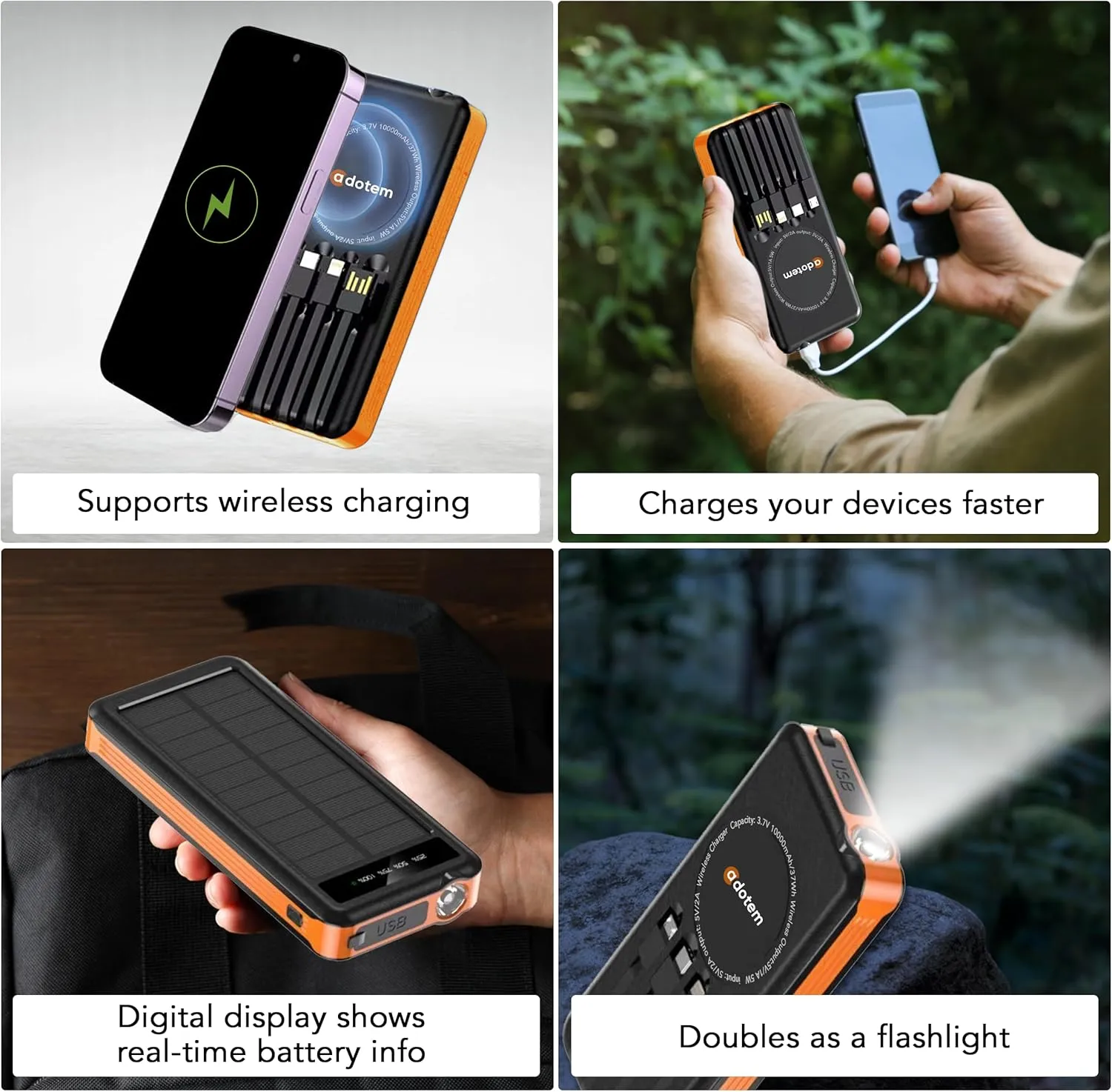 Portable Solar Power Bank with Built-in Cables - 10,000mAh Cell Phone Battery Charger with USB, Micro USB, and Type-C Cables, Waterproof Build, Digital Display & Wireless Charging (Orange)
