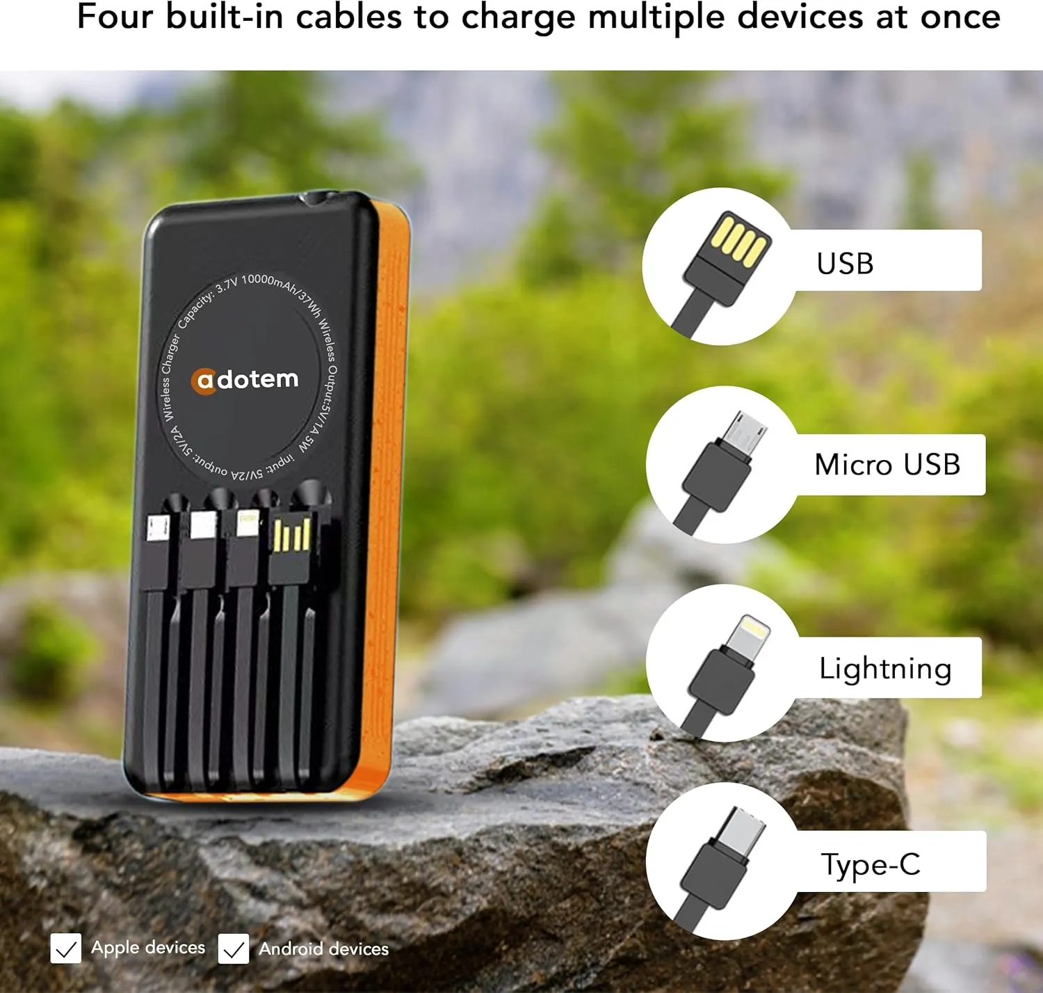 Portable Solar Power Bank with Built-in Cables - 10,000mAh Cell Phone Battery Charger with USB, Micro USB, and Type-C Cables, Waterproof Build, Digital Display & Wireless Charging (Orange)