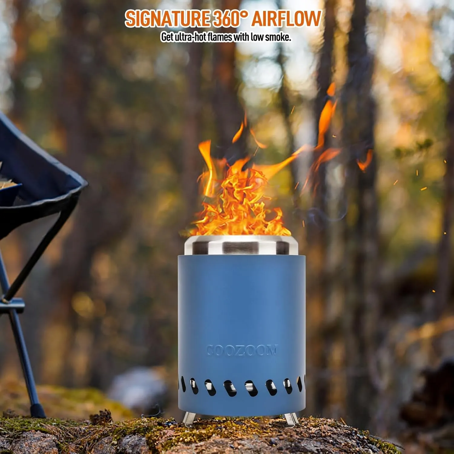 Portable Table Top Fire Pit with Stand, 5.5" Stainless Steel Mini Outdoor Low Smoke Burning Tabletop Firepit Fueled by Pellets or Wood, for Outside Camping Blue
