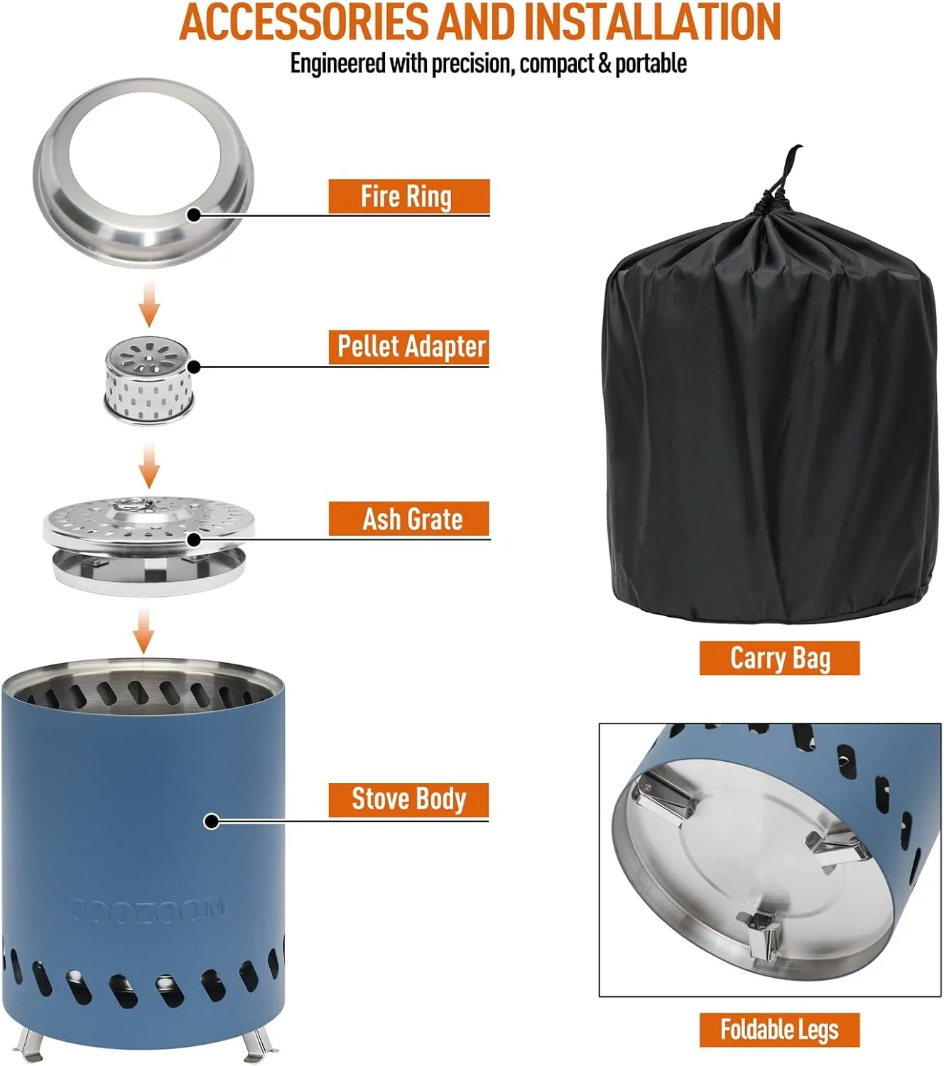 Portable Table Top Fire Pit with Stand, 5.5" Stainless Steel Mini Outdoor Low Smoke Burning Tabletop Firepit Fueled by Pellets or Wood, for Outside Camping Blue