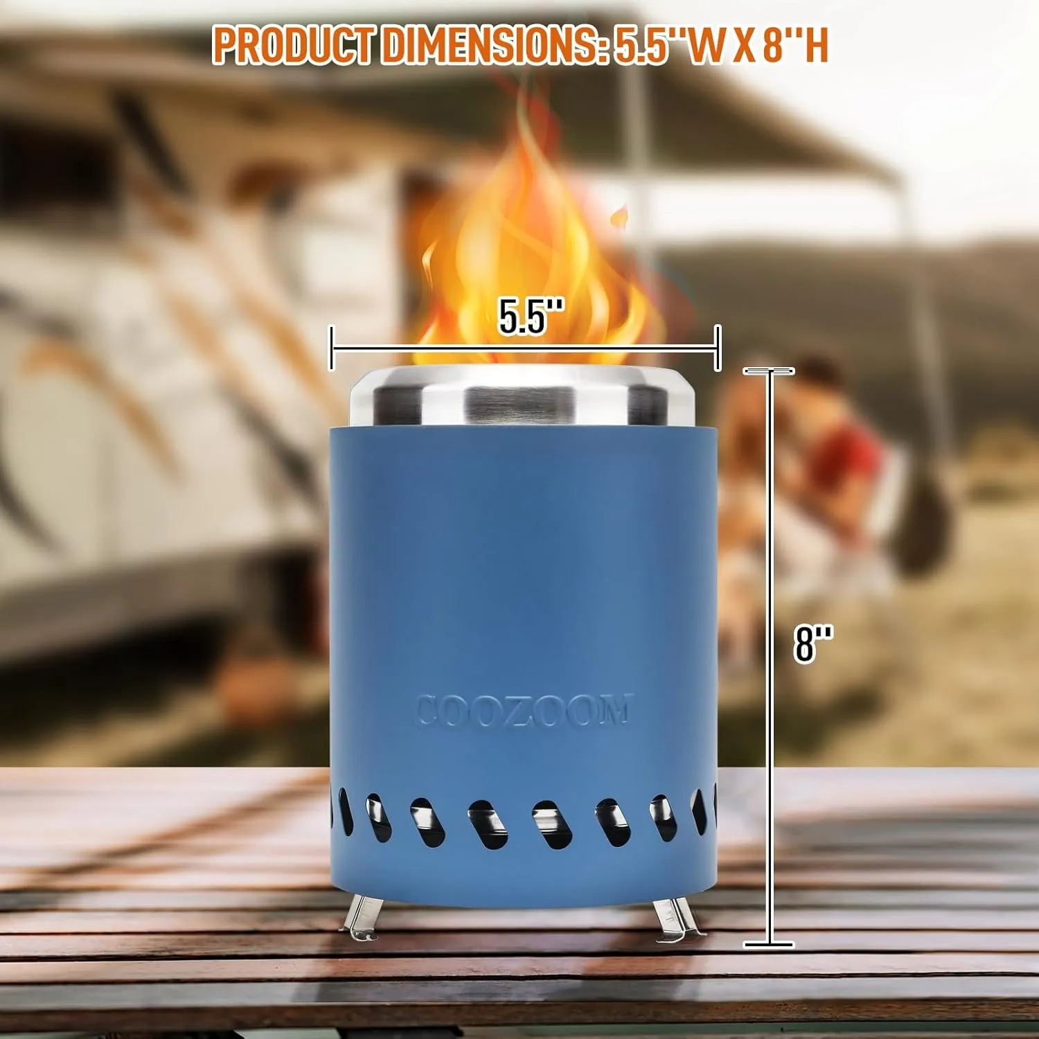 Portable Table Top Fire Pit with Stand, 5.5" Stainless Steel Mini Outdoor Low Smoke Burning Tabletop Firepit Fueled by Pellets or Wood, for Outside Camping Blue