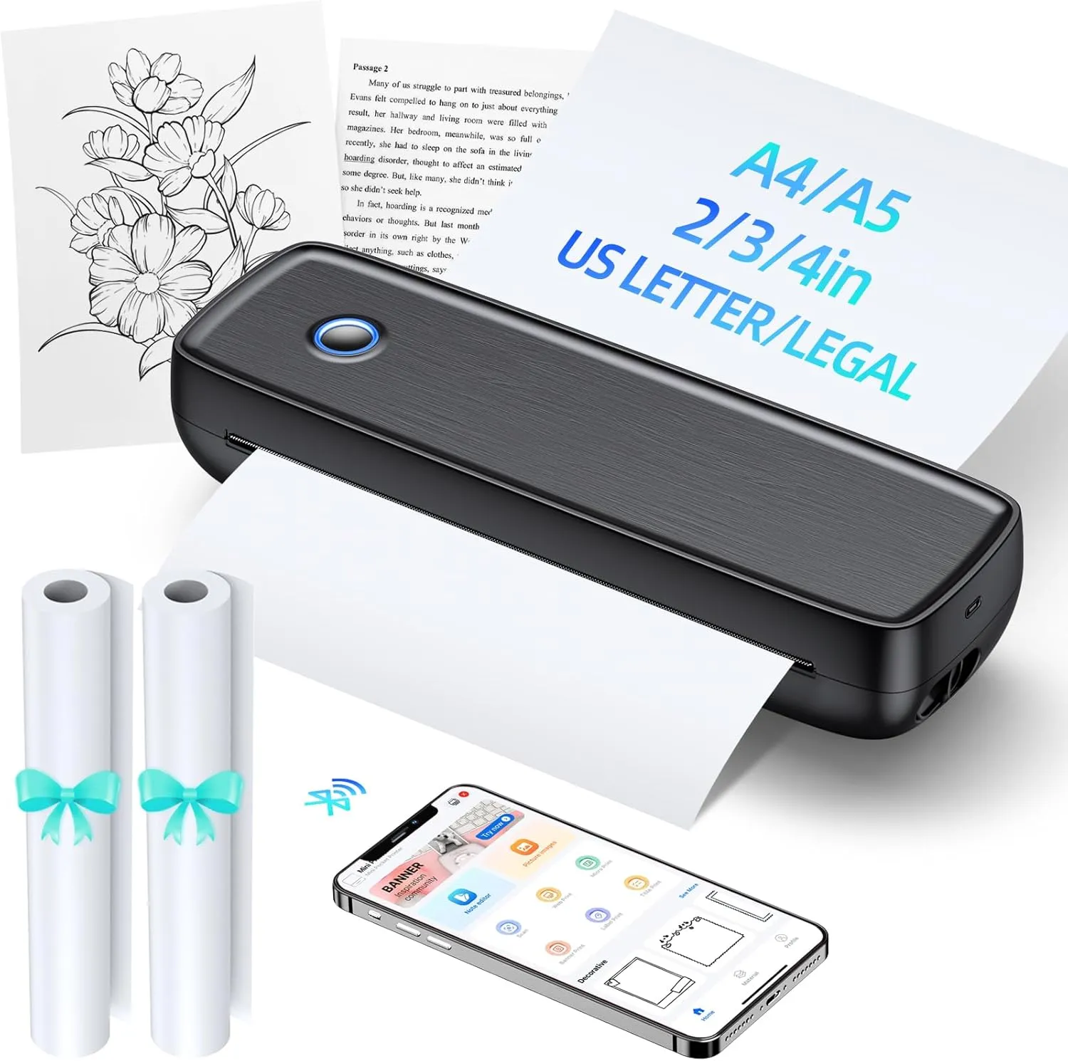 Portable Wireless Printer for Travel - 504 DPI High Resolution Inkless Mini Thermal Print, 4200mAh Battery, Bluetooth & USB (A4, A5, Letter, Legal) Compatible with Android and iOS,Black