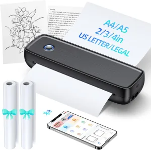 Portable Wireless Printer for Travel - 504 DPI High Resolution Inkless Mini Thermal Print, 4200mAh Battery, Bluetooth & USB (A4, A5, Letter, Legal) Compatible with Android and iOS,Black